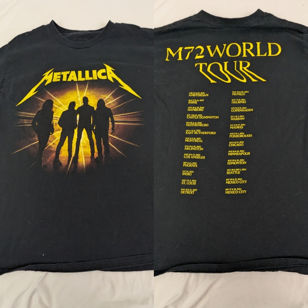 Metallica 2023-24 M72 World Tour Concert Merch Black Tee Loc/Dates Back Medium